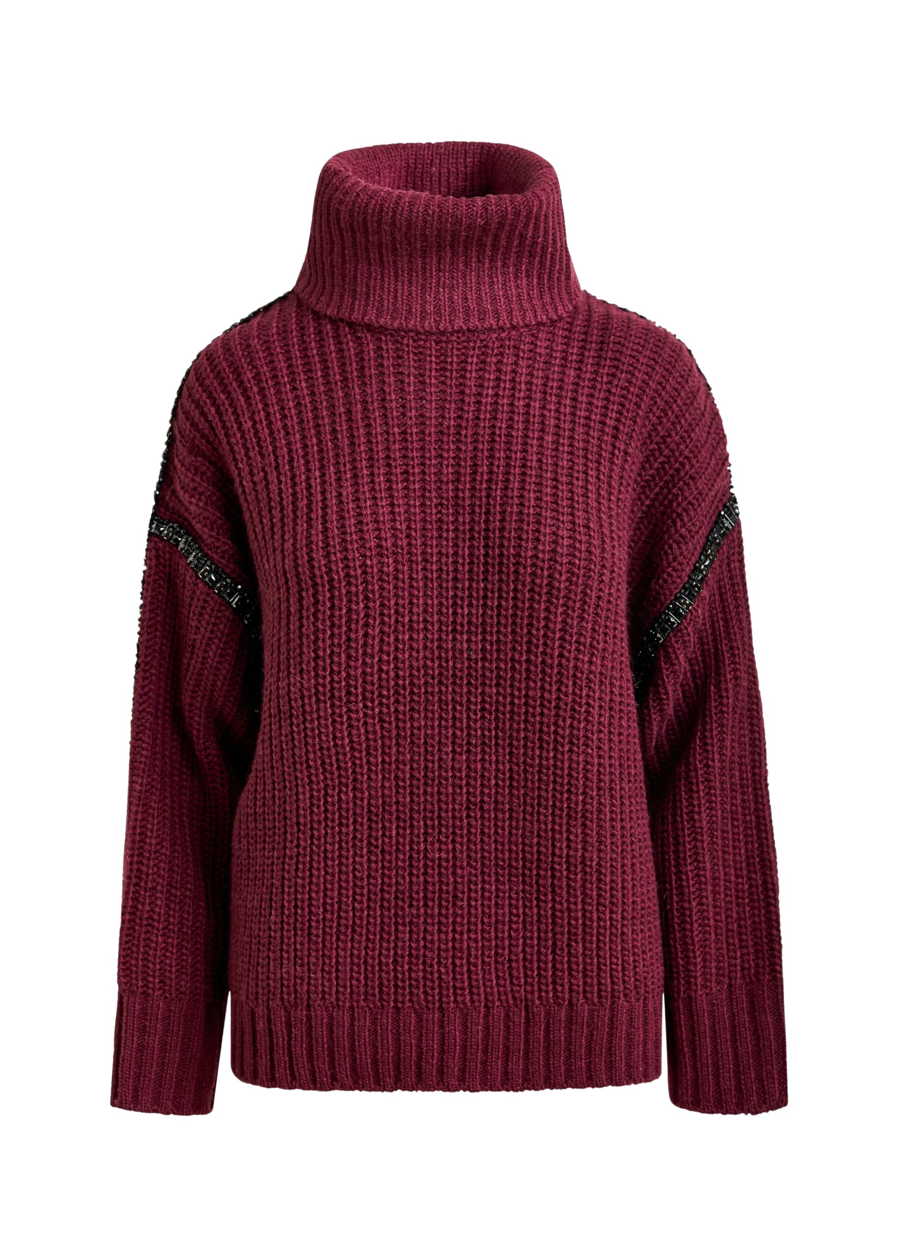 Essentiel Antwerp Burgundy wool-blend turtleneck with detachable collar and rhinestone embellishments - Essentiel Antwerp Knitwear - Colorful Belgian Design - Shop at Coveti