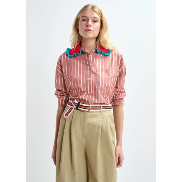 Essentiel Antwerp Burned orange and off-white striped cotton shirt with crochet ruffled collar, view 2