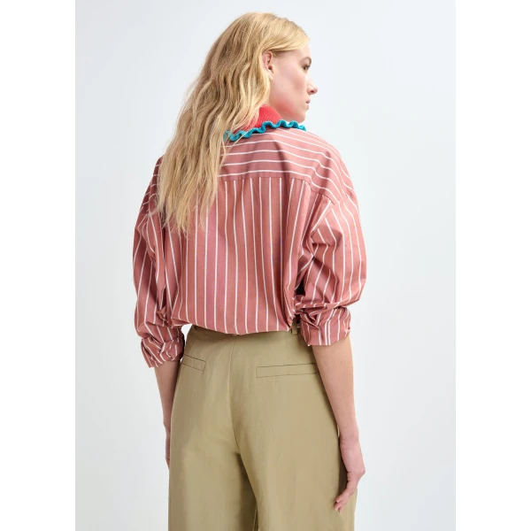 Essentiel Antwerp Burned orange and off-white striped cotton shirt with crochet ruffled collar, view 3
