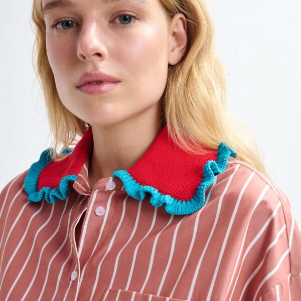 Essentiel Antwerp Burned orange and off-white striped cotton shirt with crochet ruffled collar - Essentiel Antwerp Shirts - Colorful Belgian Design - Shop at Coveti