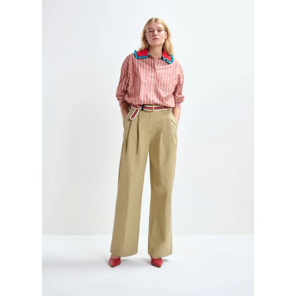Essentiel Antwerp Burned orange and off-white striped cotton shirt with crochet ruffled collar, view 5