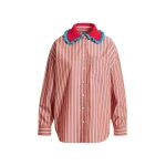 Essentiel Antwerp Burned orange and off-white striped cotton shirt with crochet ruffled collar - Essentiel Antwerp Shirts - Colorful Belgian Design - Shop at Coveti