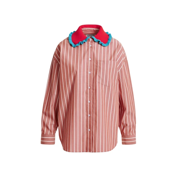 Essentiel Antwerp Burned orange and off-white striped cotton shirt with crochet ruffled collar - Essentiel Antwerp Shirts - Colorful Belgian Design - Shop at Coveti