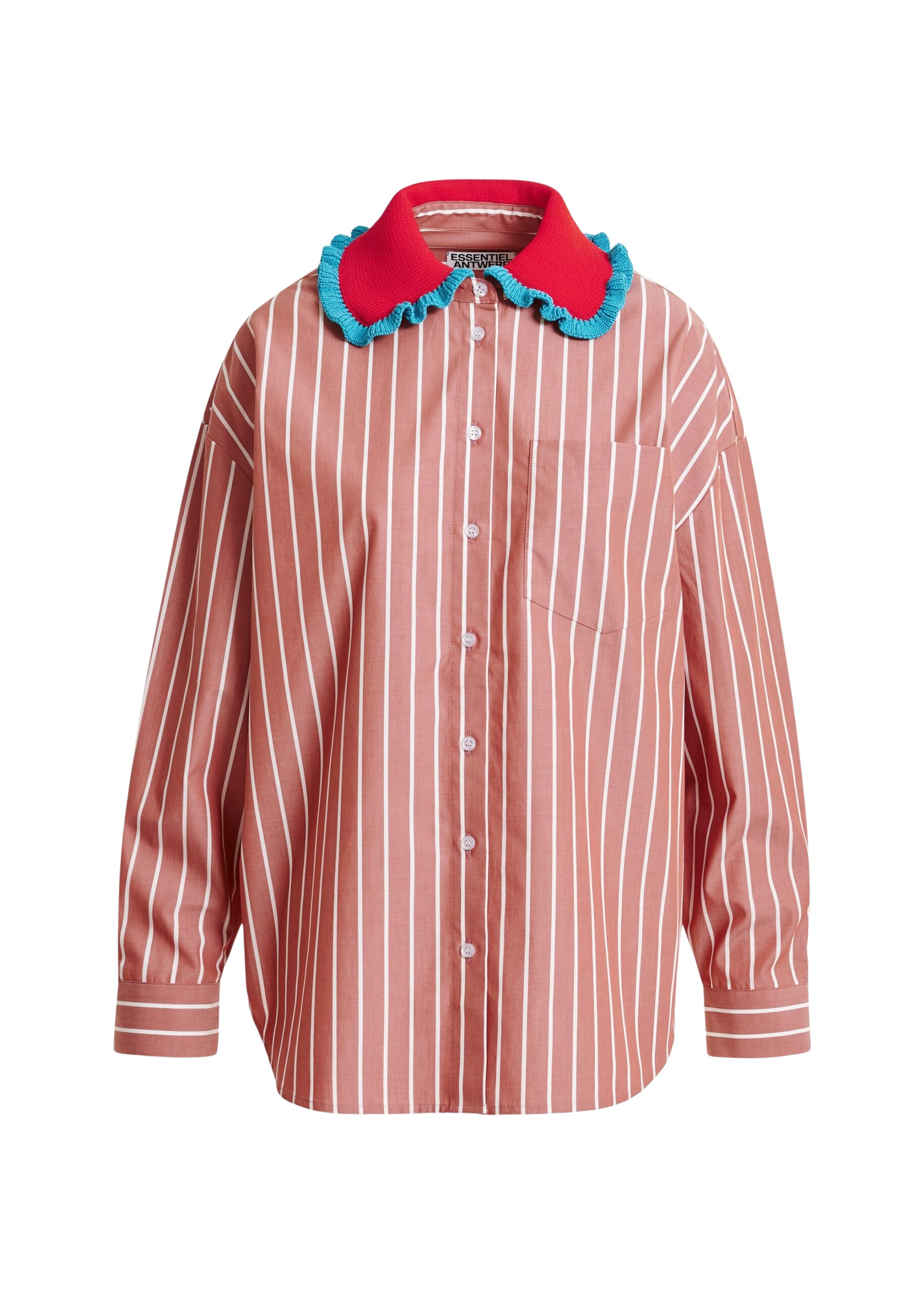 Essentiel Antwerp Burned orange and off-white striped cotton shirt with crochet ruffled collar - Essentiel Antwerp Shirts - Colorful Belgian Design - Shop at Coveti
