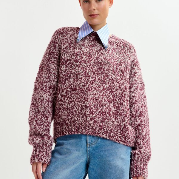 Essentiel Antwerp Burugndy and off-white melange wool-blend sweater - Essentiel Antwerp Knitwear - Colorful Belgian Design - Shop at Coveti