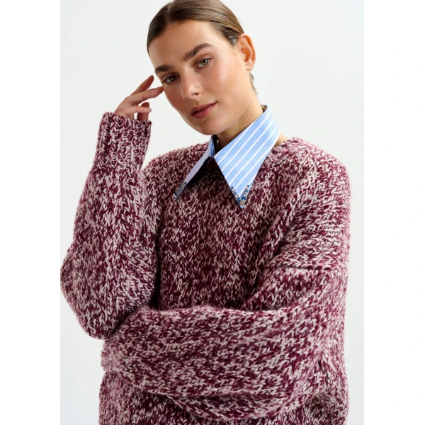Essentiel Antwerp Burugndy and off-white melange wool-blend sweater, view 3