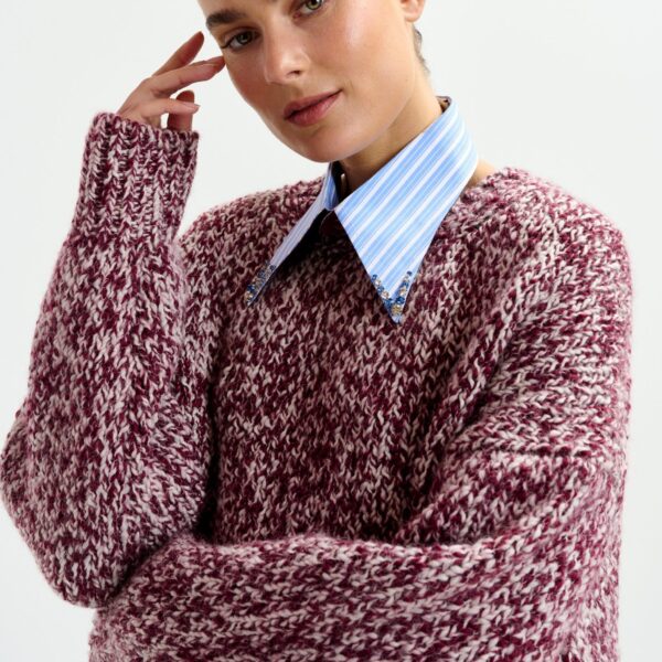 Essentiel Antwerp Burugndy and off-white melange wool-blend sweater - Essentiel Antwerp Knitwear - Colorful Belgian Design - Shop at Coveti