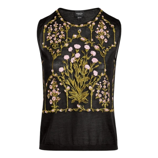 Giambattista Valli Cashmere And Silk Embroidered Treillage Black Tank Top - Giambattista Valli Tops - Romantic Couture - Shop at Coveti