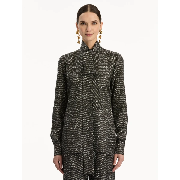 Oscar de la Renta Chevron Tie-Neck Silk Twill Blouse - Oscar de la Renta Tops - American Couture - Shop at Coveti