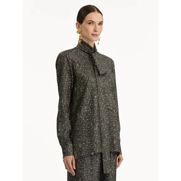 Oscar de la Renta Chevron Tie-Neck Silk Twill Blouse - Oscar de la Renta Tops - American Couture - Shop at Coveti