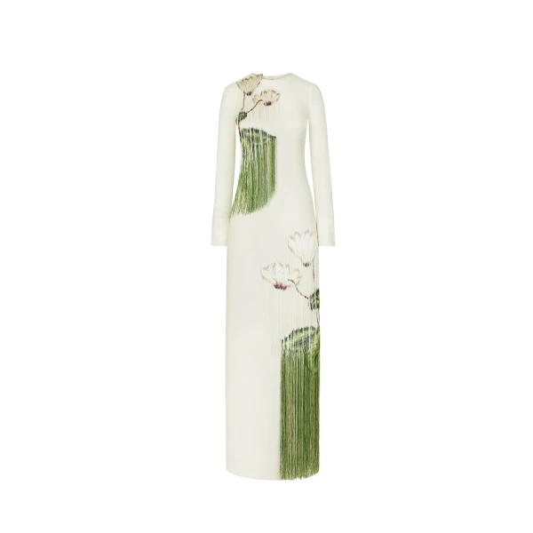 Oscar de la Renta Chiné Cyclamen Threadwork Fringe Caftan - Oscar de la Renta Dresses - American Couture - Shop at Coveti
