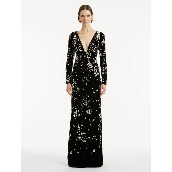 Oscar de la Renta Crystal Cluster Embroidered Long Sleeve Gown - Oscar de la Renta Dresses - American Couture - Shop at Coveti