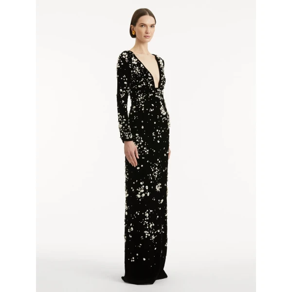 Oscar de la Renta Crystal Cluster Embroidered Long Sleeve Gown - Oscar de la Renta Dresses - American Couture - Shop at Coveti