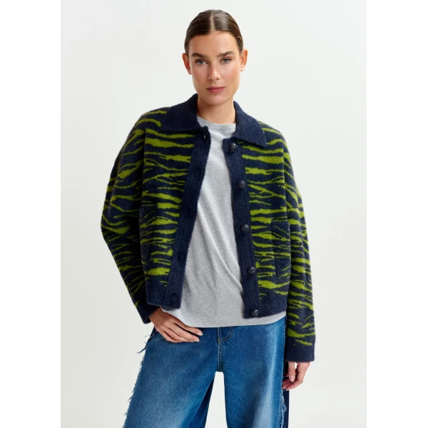 Essentiel Antwerp Dark blue and green zebra-print cardigan, view 2