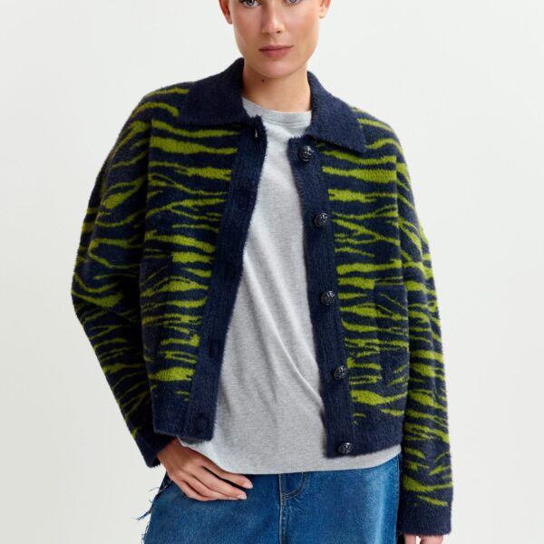 Essentiel Antwerp Dark blue and green zebra-print cardigan - Essentiel Antwerp Knitwear - Colorful Belgian Design - Shop at Coveti