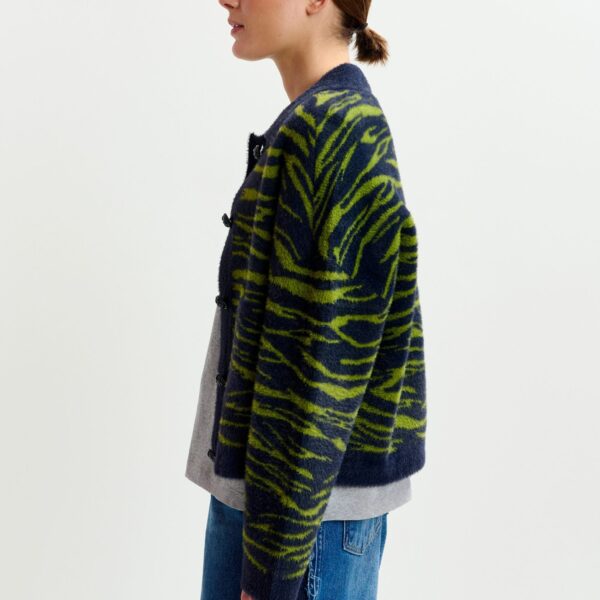 Essentiel Antwerp Dark blue and green zebra-print cardigan - Essentiel Antwerp Knitwear - Colorful Belgian Design - Shop at Coveti