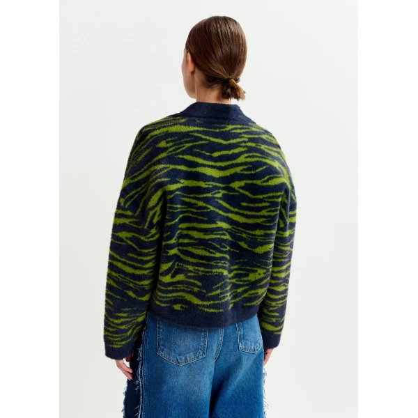Essentiel Antwerp Dark blue and green zebra-print cardigan, view 5
