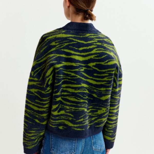 Essentiel Antwerp Dark blue and green zebra-print cardigan - Essentiel Antwerp Knitwear - Colorful Belgian Design - Shop at Coveti