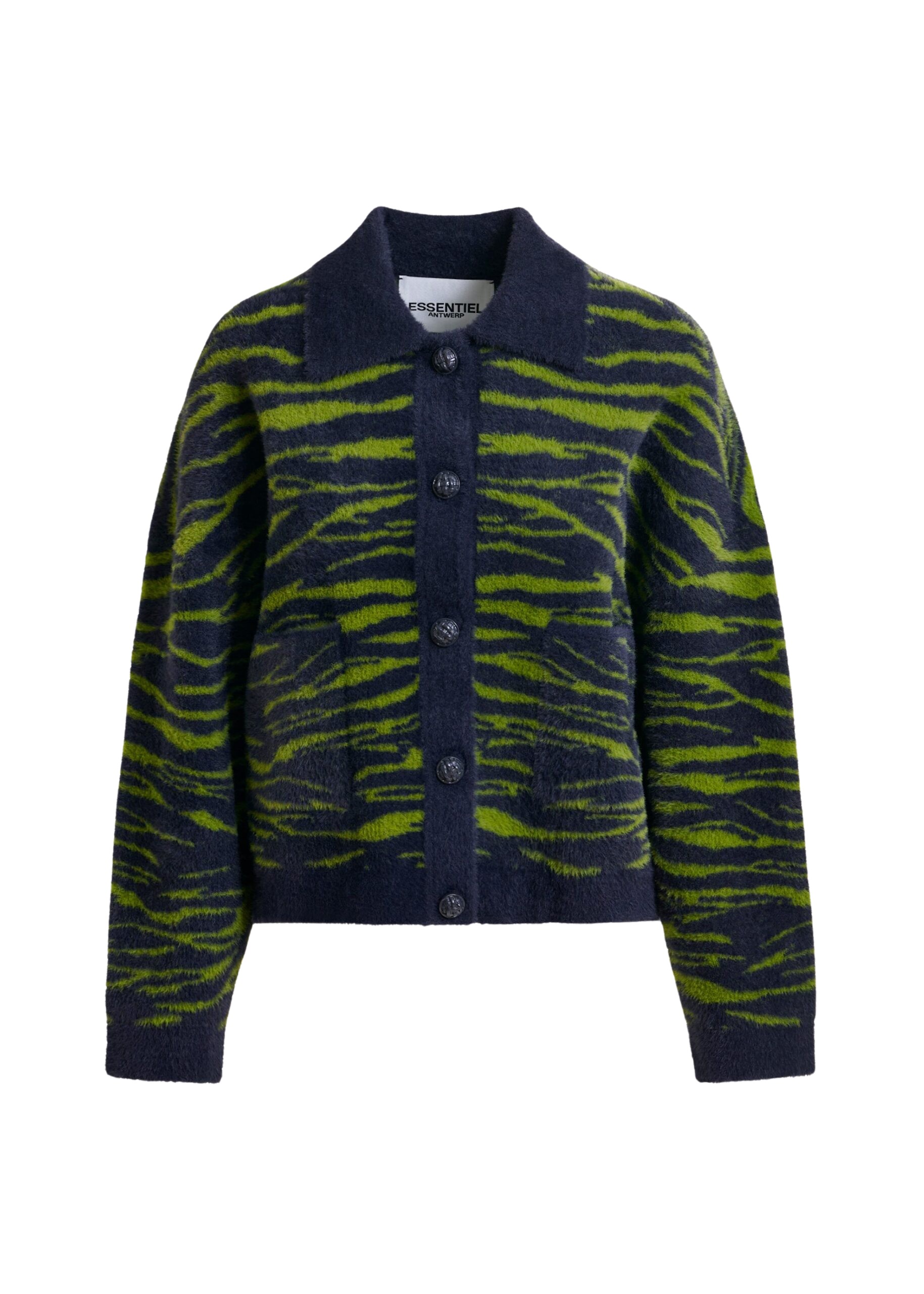 Essentiel Antwerp Dark blue and green zebra-print cardigan - Essentiel Antwerp Knitwear - Colorful Belgian Design - Shop at Coveti