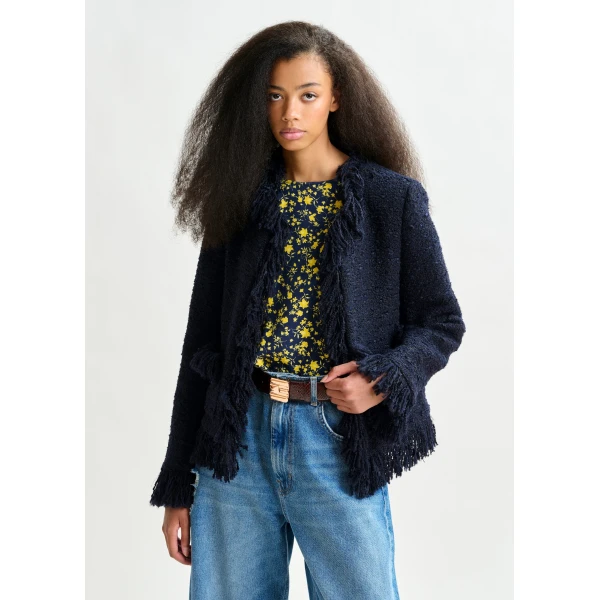 Essentiel Antwerp Dark blue fringed wool-blend bouclé jacket, view 2