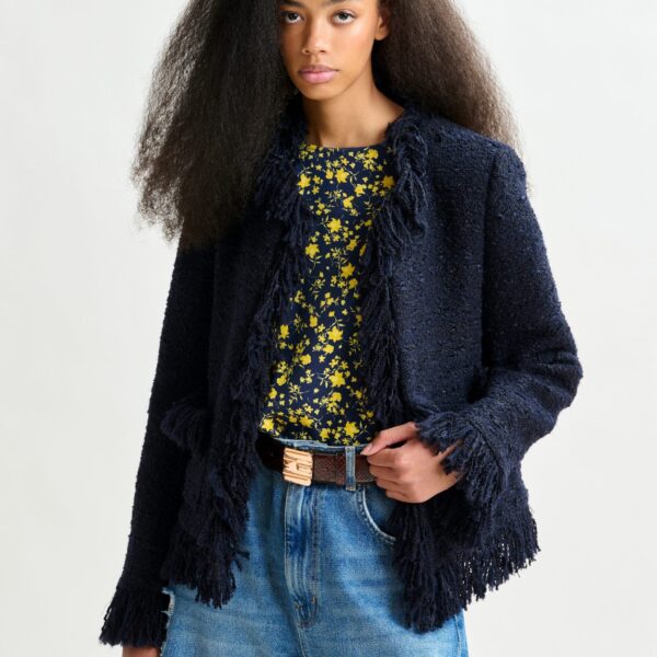 Essentiel Antwerp Dark blue fringed wool-blend bouclé jacket - Essentiel Antwerp Jackets - Colorful Belgian Design - Shop at Coveti