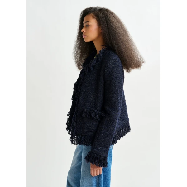 Essentiel Antwerp Dark blue fringed wool-blend bouclé jacket, view 3
