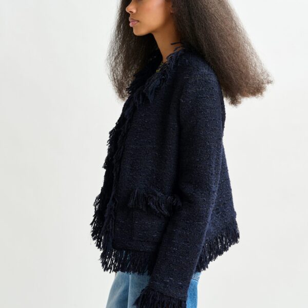 Essentiel Antwerp Dark blue fringed wool-blend bouclé jacket - Essentiel Antwerp Jackets - Colorful Belgian Design - Shop at Coveti
