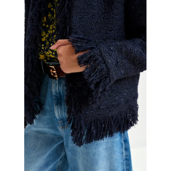 Essentiel Antwerp Dark blue fringed wool-blend bouclé jacket, view 4
