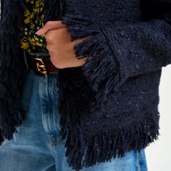 Essentiel Antwerp Dark blue fringed wool-blend bouclé jacket - Essentiel Antwerp Jackets - Colorful Belgian Design - Shop at Coveti