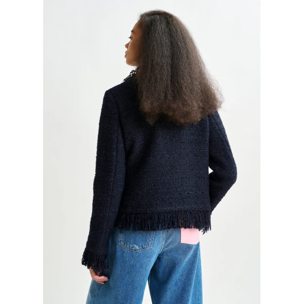 Essentiel Antwerp Dark blue fringed wool-blend bouclé jacket, view 5