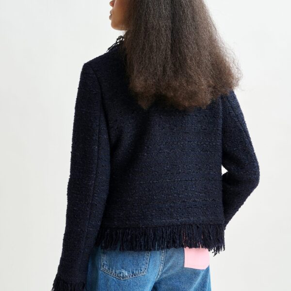 Essentiel Antwerp Dark blue fringed wool-blend bouclé jacket - Essentiel Antwerp Jackets - Colorful Belgian Design - Shop at Coveti