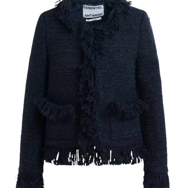 Essentiel Antwerp Dark blue fringed wool-blend bouclé jacket - Essentiel Antwerp Jackets - Colorful Belgian Design - Shop at Coveti