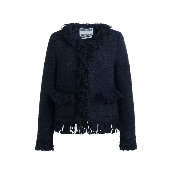 Essentiel Antwerp Dark blue fringed wool-blend bouclé jacket - Essentiel Antwerp Jackets - Colorful Belgian Design - Shop at Coveti
