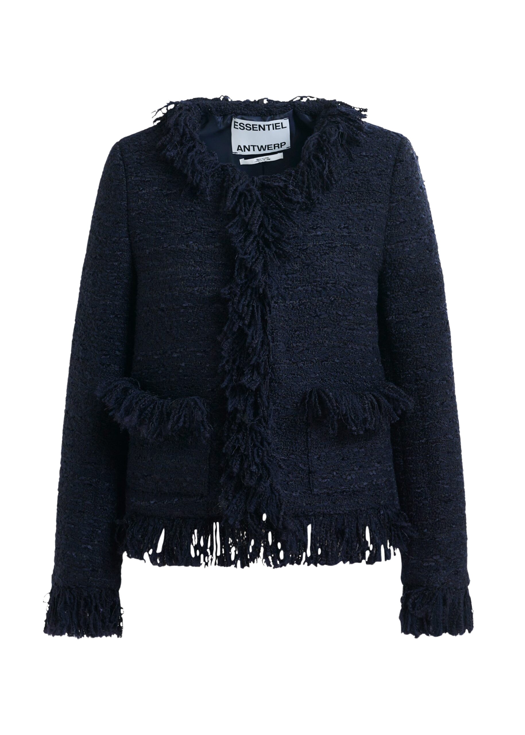 Essentiel Antwerp Dark blue fringed wool-blend bouclé jacket