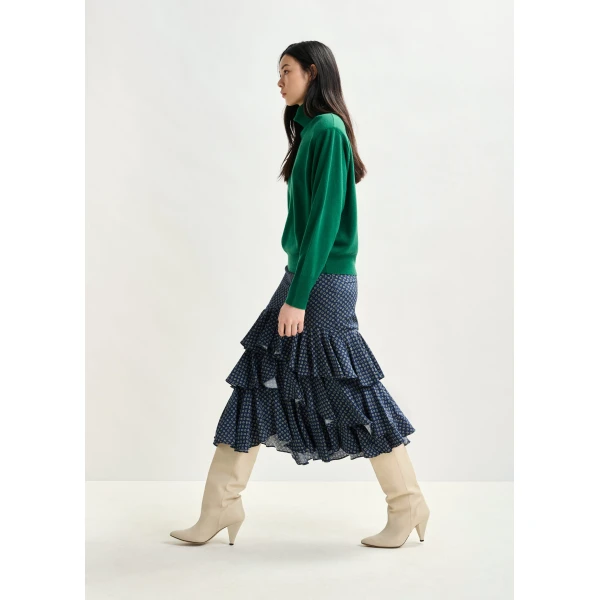 Essentiel Antwerp Dark blue, green and white asymmetrical layered midi skirt, view 3