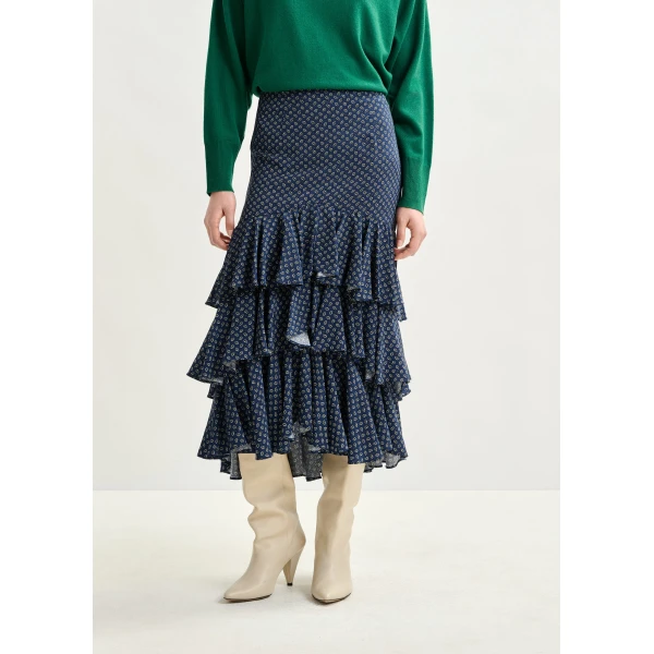 Essentiel Antwerp Dark blue, green and white asymmetrical layered midi skirt, view 4
