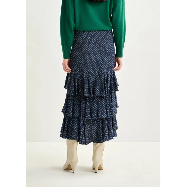 Essentiel Antwerp Dark blue, green and white asymmetrical layered midi skirt, view 5