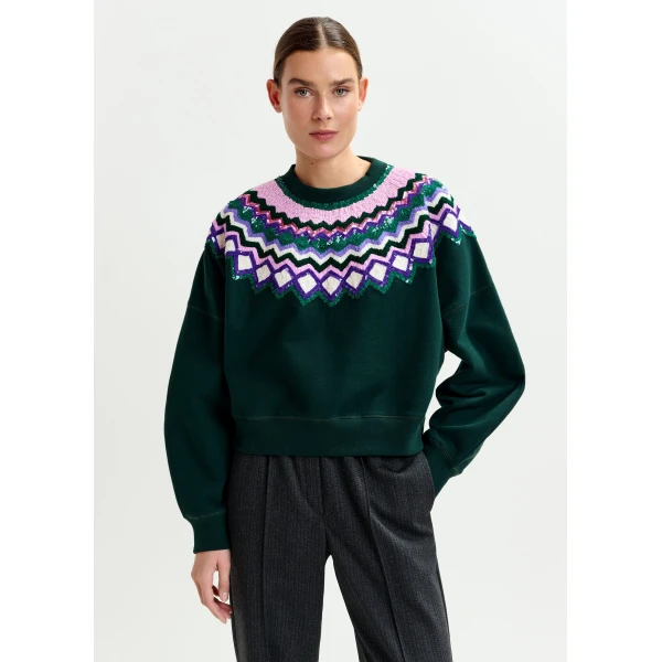 Essentiel Antwerp Dark green and multicolor cotton sweatshirt with sequin embellishments Top, view 2