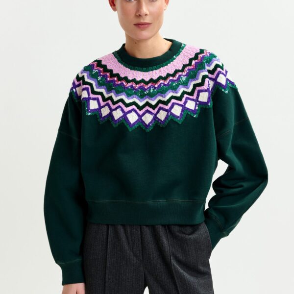 Essentiel Antwerp Dark green and multicolor cotton sweatshirt with sequin embellishments - Essentiel Antwerp Shirts - Colorful Belgian Design - Shop at Coveti