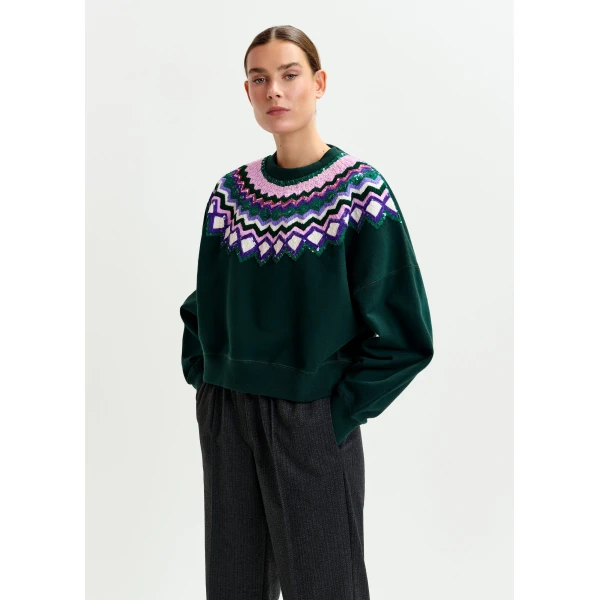 Essentiel Antwerp Dark green and multicolor cotton sweatshirt with sequin embellishments Top, view 3