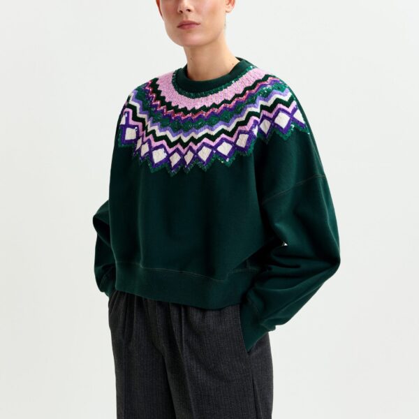 Essentiel Antwerp Dark green and multicolor cotton sweatshirt with sequin embellishments - Essentiel Antwerp Shirts - Colorful Belgian Design - Shop at Coveti