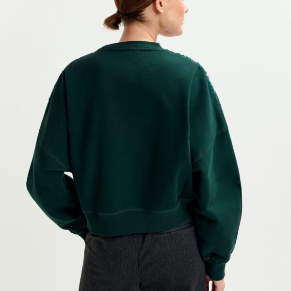 Essentiel Antwerp Dark green and multicolor cotton sweatshirt with sequin embellishments - Essentiel Antwerp Shirts - Colorful Belgian Design - Shop at Coveti