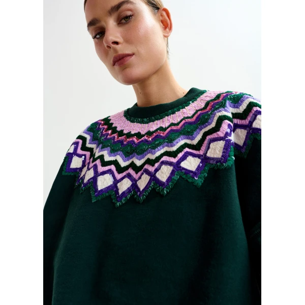Essentiel Antwerp Dark green and multicolor cotton sweatshirt with sequin embellishments Top, view 5