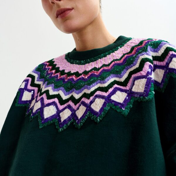 Essentiel Antwerp Dark green and multicolor cotton sweatshirt with sequin embellishments - Essentiel Antwerp Shirts - Colorful Belgian Design - Shop at Coveti