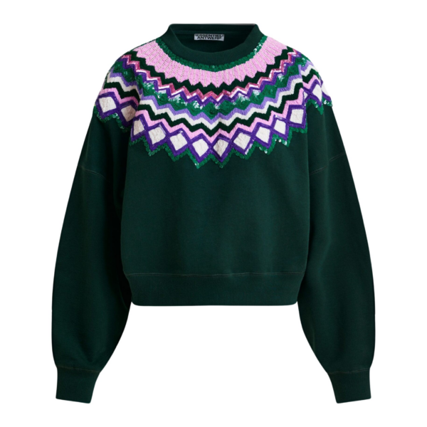 Essentiel Antwerp Dark green and multicolor cotton sweatshirt with sequin embellishments - Essentiel Antwerp Shirts - Colorful Belgian Design - Shop at Coveti