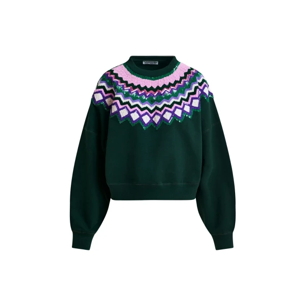 Essentiel Antwerp Dark green and multicolor cotton sweatshirt with sequin embellishments - Essentiel Antwerp Shirts - Colorful Belgian Design - Shop at Coveti