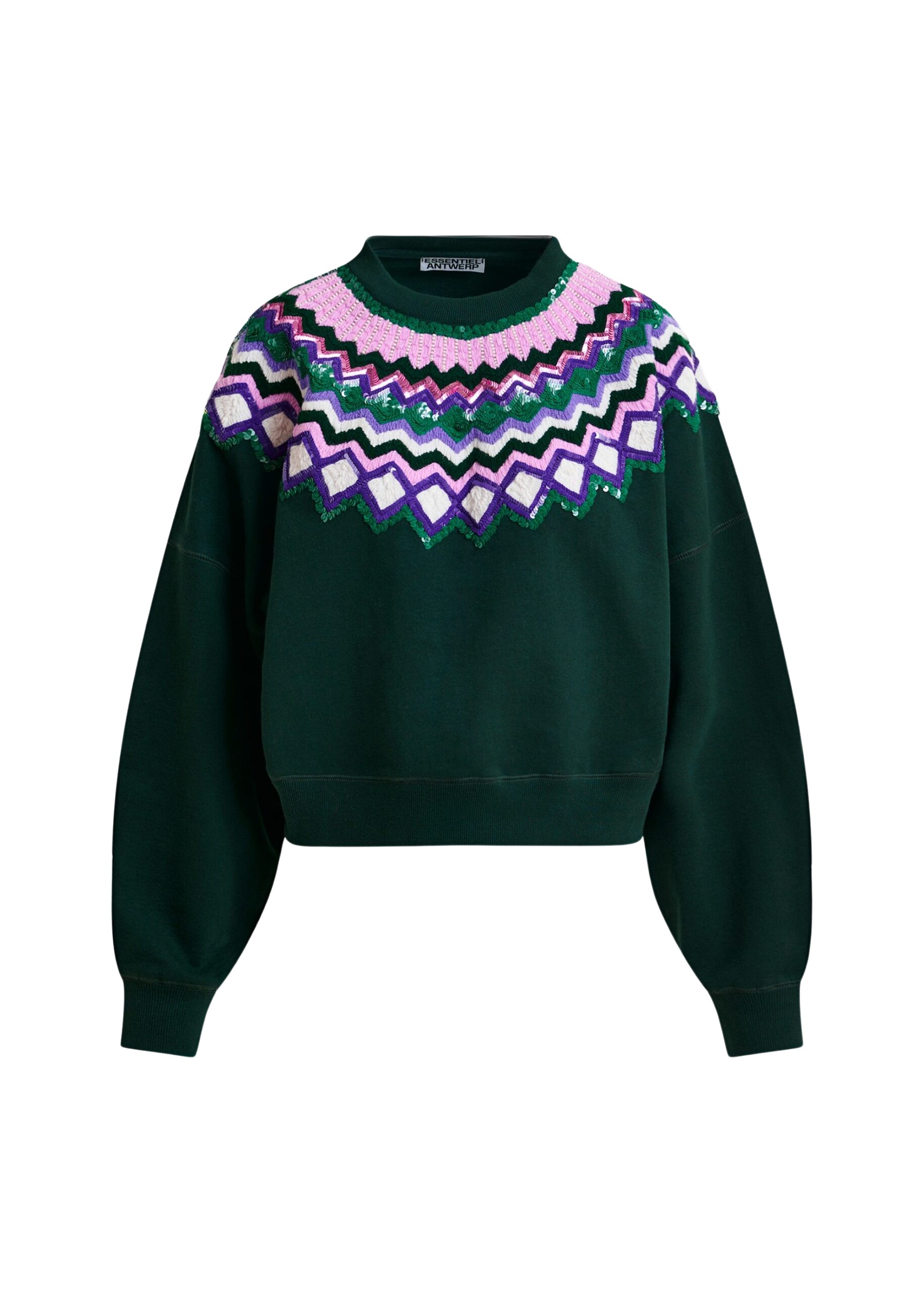 Essentiel Antwerp Dark green and multicolor cotton sweatshirt with sequin embellishments - Essentiel Antwerp Shirts - Colorful Belgian Design - Shop at Coveti