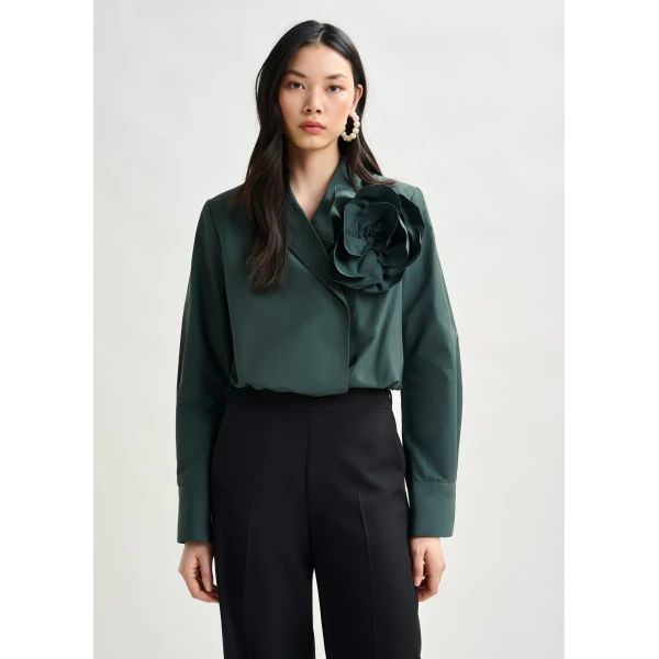Essentiel Antwerp Dark teal green bodysuit with self-fabric flower, view 2