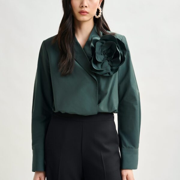 Essentiel Antwerp Dark teal green bodysuit with self-fabric flower - Essentiel Antwerp Bodysuit - Colorful Belgian Design - Shop at Coveti