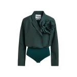 Essentiel Antwerp Dark teal green bodysuit with self-fabric flower - Essentiel Antwerp Bodysuit - Colorful Belgian Design - Shop at Coveti